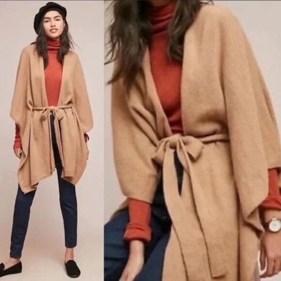 Anthropologie Sweaters - ANTHROPOLOGIE Saturday Sunday Lucia Tied Kimono Wrap Cardigan Poncho Cape Tan